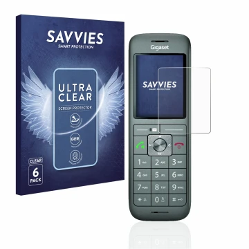 Front side of a product packaging with the brand logo Savvies. Next to it is the device Gigaset CL660HX shown with the corresp