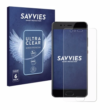 Front side of a product packaging with the brand logo Savvies. Next to it is the device Huawei P10 Plus shown with the corresp