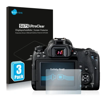 Front side of a product packaging with the brand logo Savvies. Next to it is the device Canon EOS 77D shown with the correspon