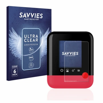 Front side of a product packaging with the brand logo Savvies. Next to it is the device Polaroid Pop shown with the correspond