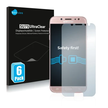 Front side of a product packaging with the brand logo Savvies. Next to it is the device Samsung Galaxy J7 2017 shown with the 