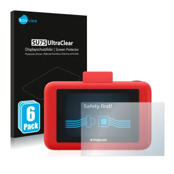 Front side of a product packaging with the brand logo Savvies. Next to it is the device Polaroid Snap Touch shown with the cor