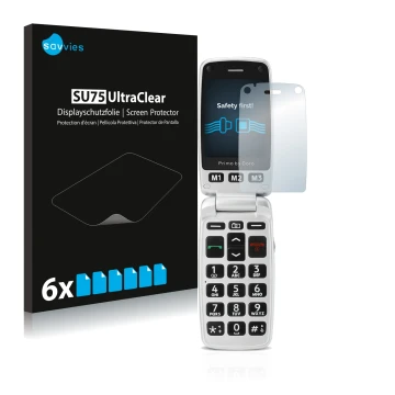 Front side of a product packaging with the brand logo Savvies. Next to it is the device Doro Primo 413 shown with the correspo