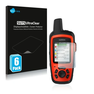 Front side of a product packaging with the brand logo Savvies. Next to it is the device Garmin inReach Explorer+ shown with th