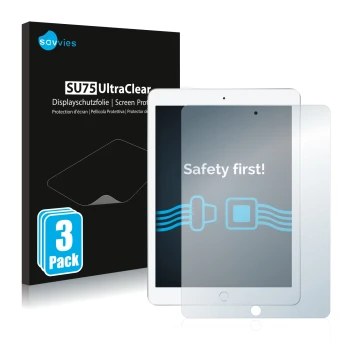Front side of a product packaging with the brand logo Savvies. Next to it is the device Apple iPad 9.7 2017 (5th. Gen.) shown 