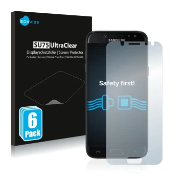 Front side of a product packaging with the brand logo Savvies. Next to it is the device Samsung Galaxy J5 2017 shown with the 