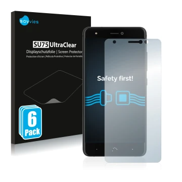 Front side of a product packaging with the brand logo Savvies. Next to it is the device BQ Aquaris X shown with the correspond