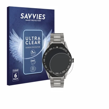 Front side of a product packaging with the brand logo Savvies. Next to it is the device TAG Heuer Connected Modular 45 shown w