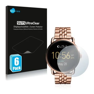 Front side of a product packaging with the brand logo Savvies. Next to it is the device Fossil Q Wander shown with the corresp