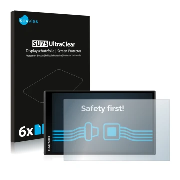 Front side of a product packaging with the brand logo Savvies. Next to it is the device Garmin Camper 770 LMT-D shown with the