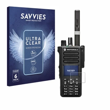Front side of a product packaging with the brand logo Savvies. Next to it is the device Motorola DP4800 shown with the corresp