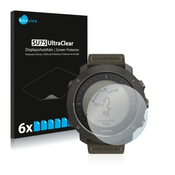 Front side of a product packaging with the brand logo Savvies. Next to it is the device Suunto Traverse Alpha shown with the c