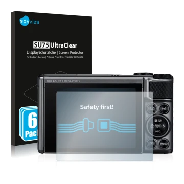 Front side of a product packaging with the brand logo Savvies. Next to it is the device Canon PowerShot SX730 HS shown with th