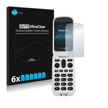 Front side of a product packaging with the brand logo Savvies. Next to it is the device Doro 6050 shown with the corresponding