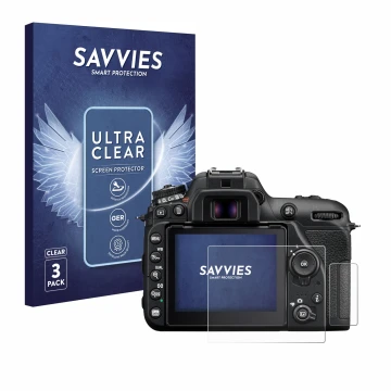 Front side of a product packaging with the brand logo Savvies. Next to it is the device Nikon D7500 shown with the correspondi