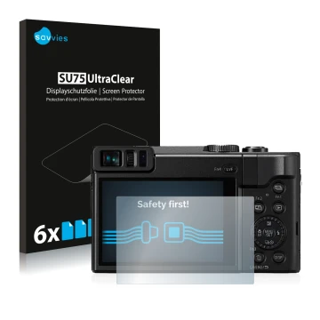 Front side of a product packaging with the brand logo Savvies. Next to it is the device Panasonic Lumix DC-TZ91 shown with the