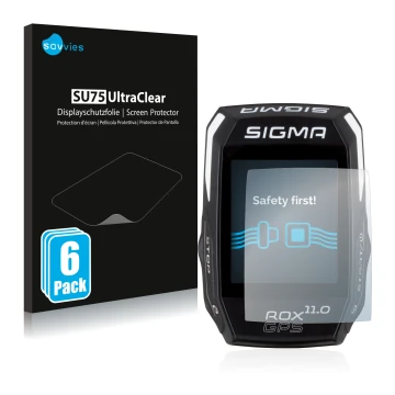 Front side of a product packaging with the brand logo Savvies. Next to it is the device Sigma ROX GPS 11.0 shown with the corr