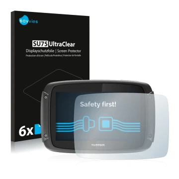 Front side of a product packaging with the brand logo Savvies. Next to it is the device TomTom Rider 450 shown with the corres