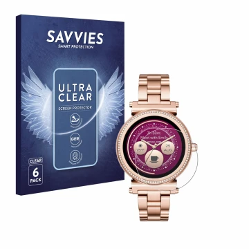 Front side of a product packaging with the brand logo Savvies. Next to it is the device Michael Kors Access Sofie shown with t
