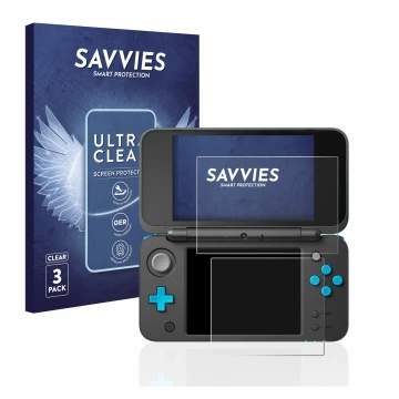 Front side of a product packaging with the brand logo Savvies. Next to it is the device Nintendo 2DS XL shown with the corresp