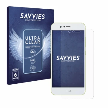 Front side of a product packaging with the brand logo Savvies. Next to it is the device Huawei Nova 2 shown with the correspon