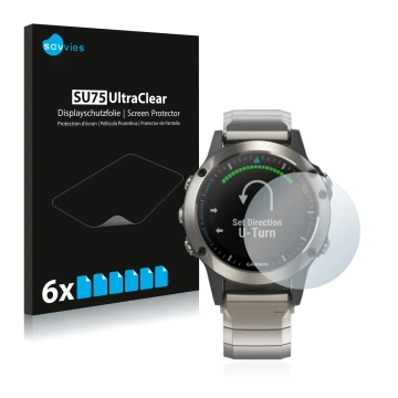 Front side of a product packaging with the brand logo Savvies. Next to it is the device Garmin quatix 5 shown with the corresp