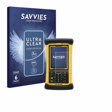 Front side of a product packaging with the brand logo Savvies. Next to it is the device Trimble Nomad 1050XE shown with the co