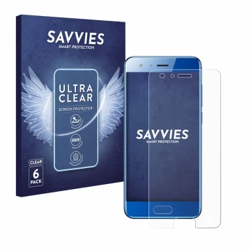 Front side of a product packaging with the brand logo Savvies. Next to it is the device Honor 9 shown with the corresponding s