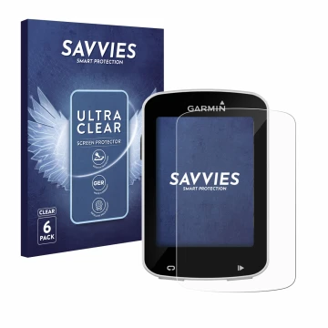 Front side of a product packaging with the brand logo Savvies. Next to it is the device Garmin Edge Explore 820 shown with the