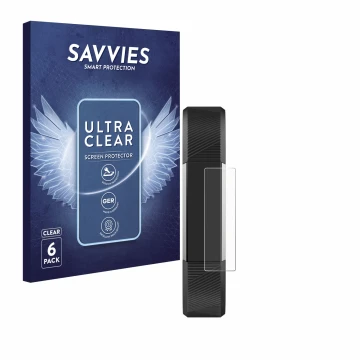 Front side of a product packaging with the brand logo Savvies. Next to it is the device Fitbit Alta HR shown with the correspo