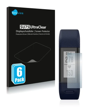 Front side of a product packaging with the brand logo Savvies. Next to it is the device Garmin Vivosmart HR+ shown with the co