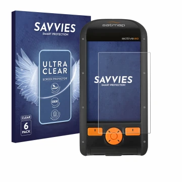 Front side of a product packaging with the brand logo Savvies. Next to it is the device Satmap Active 20 shown with the corres