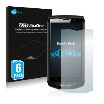 Front side of a product packaging with the brand logo Savvies. Next to it is the device Blackview BV8000 Pro shown with the co