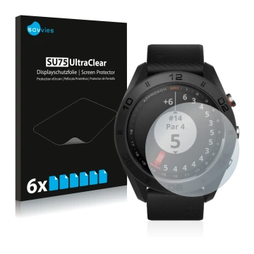 Front side of a product packaging with the brand logo Savvies. Next to it is the device Garmin Approach S60 shown with the cor