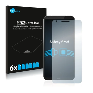 Front side of a product packaging with the brand logo Savvies. Next to it is the device LG Q6 shown with the corresponding scr