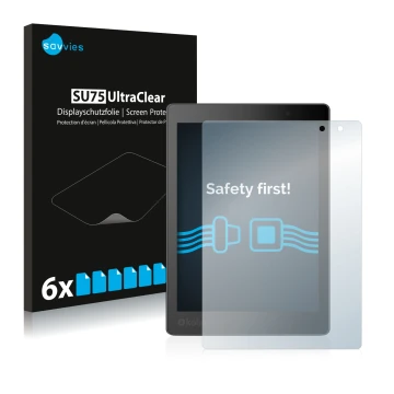 Front side of a product packaging with the brand logo Savvies. Next to it is the device Kobo Aura One shown with the correspon