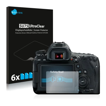 Front side of a product packaging with the brand logo Savvies. Next to it is the device Canon EOS 6D Mark II shown with the co