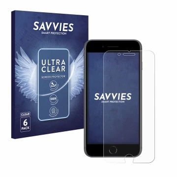 Front side of a product packaging with the brand logo Savvies. Next to it is the device Apple iPhone 8 Plus shown with the cor