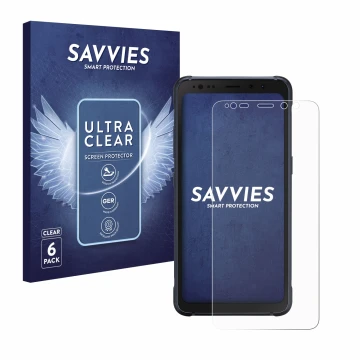 Front side of a product packaging with the brand logo Savvies. Next to it is the device Samsung Galaxy S8 Active shown with th
