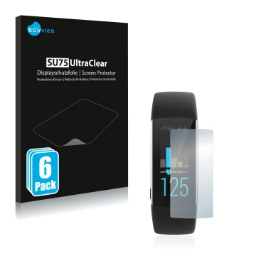 Front side of a product packaging with the brand logo Savvies. Next to it is the device Polar A370 shown with the correspondin