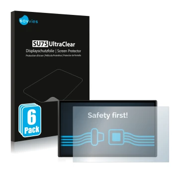 Front side of a product packaging with the brand logo Savvies. Next to it is the device Garmin DriveSmart 61 LMT-S shown with 