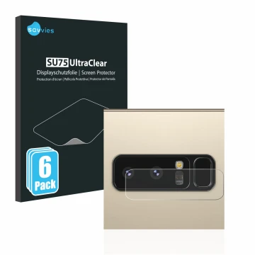 Front side of a product packaging with the brand logo Savvies. Next to it is the device Samsung Galaxy Note 8 (ONLY Camera Len