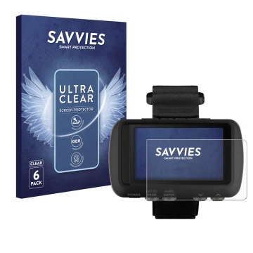 Front side of a product packaging with the brand logo Savvies. Next to it is the device Garmin Foretrex 601 shown with the cor
