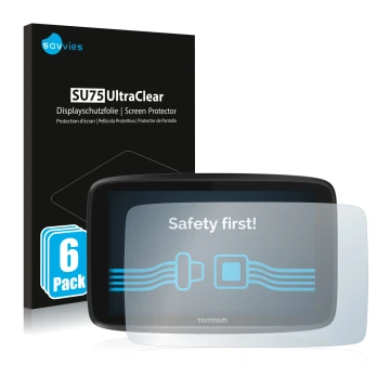 Front side of a product packaging with the brand logo Savvies. Next to it is the device TomTom GO 6250 shown with the correspo