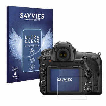 Front side of a product packaging with the brand logo Savvies. Next to it is the device Nikon D850 shown with the correspondin
