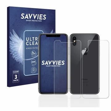 Front side of a product packaging with the brand logo Savvies. Next to it is the device Apple iPhone X (Front+Back) shown with
