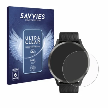 Front side of a product packaging with the brand logo Savvies. Next to it is the device Garmin vivomove HR shown with the corr