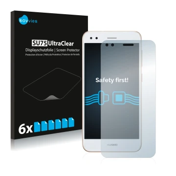 Front side of a product packaging with the brand logo Savvies. Next to it is the device Huawei P9 Lite Mini shown with the cor