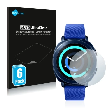 Front side of a product packaging with the brand logo Savvies. Next to it is the device Samsung Gear Sport shown with the corr