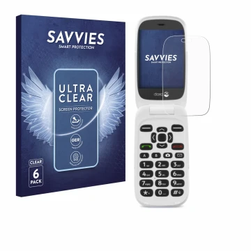 Front side of a product packaging with the brand logo Savvies. Next to it is the device Doro 6520 shown with the corresponding